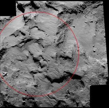 Close-up of the region containing Philae’s primary landing site J. The mosaic comprises two images taken by Rosetta’s OSIRIS narrow-angle camera on 14 September 2014 from a distance of about 30 km. The image scale is 0.5 m/pixel and the image covers about 1 km square. The circle is centred on the landing site and is approximately 500 m in diameter. Credits: ESA/Rosetta/MPS for OSIRIS Team MPS/UPD/LAM/IAA/SSO/INTA/UPM/DASP/IDA