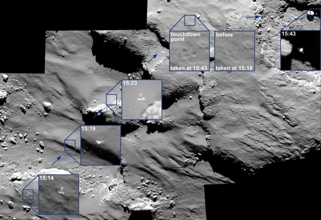 The last moments of Philae’s descent, the imprint of its touchdown, and subsequent drift away from Agilkia was captured by Rosetta’s OSIRIS camera. All times in UT onboard spacecraft time. Credit: ESA/Rosetta/MPS for OSIRIS Team MPS/UPD/LAM/IAA/SSO/INTA/UPM/DASP/IDA