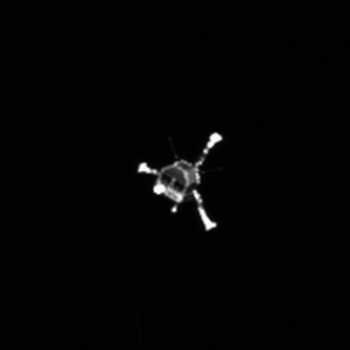 This image from Rosetta’s OSIRIS narrow-angle camera shows the Philae lander at 10:23 GMT (onboard spacecraft time) on 12 November, almost two hours after separation. Credits: ESA/Rosetta/MPS for OSIRIS Team MPS/UPD/LAM/IAA/SSO/INTA/UPM/DASP/IDA
