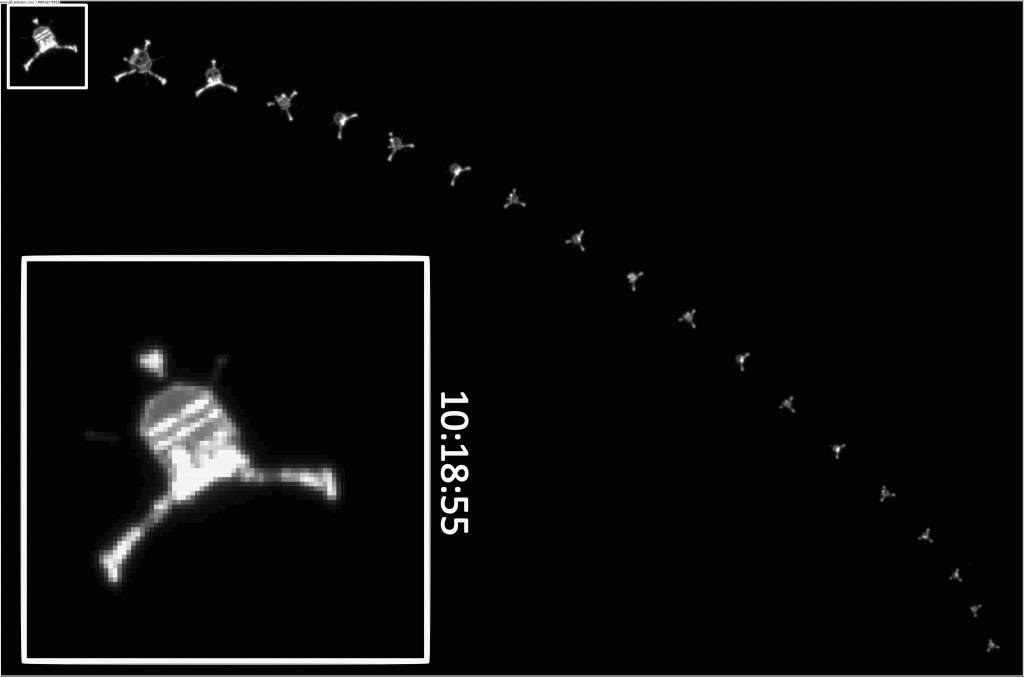 Philae descends to the comet. The timestamp marked on the images are in GMT (onboard spacecraft time). Credits: ESA/Rosetta/MPS for OSIRIS Team MPS/UPD/LAM/IAA/SSO/INTA/UPM/DASP/IDA 