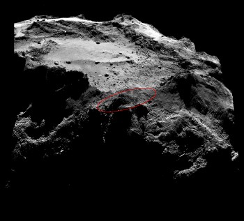 Lander search area. The image is a 2 x 2 mosaic comprising OSIRIS narrow-angle camera images taken on 13 December 2014 from a distance of about 20 km to the centre of the comet.Credits: ESA/Rosetta/MPS for OSIRIS Team MPS/UPD/LAM/IAA/SSO/INTA/UPM/DASP/IDA 