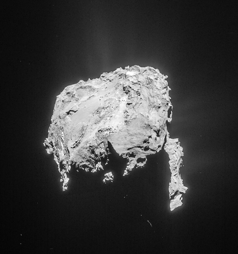 Cropped and processed single frame NAVCAM image of Comet 67P/C-G taken on 20 March 2015 from a distance of 81.7 km to the comet centre. This cropped version measures about 5.8 x 6.1 km. The image is lightly processed to bring out the details of the outflowing material. Credits: ESA/Rosetta/NAVCAM – CC BY-SA IGO 3.0