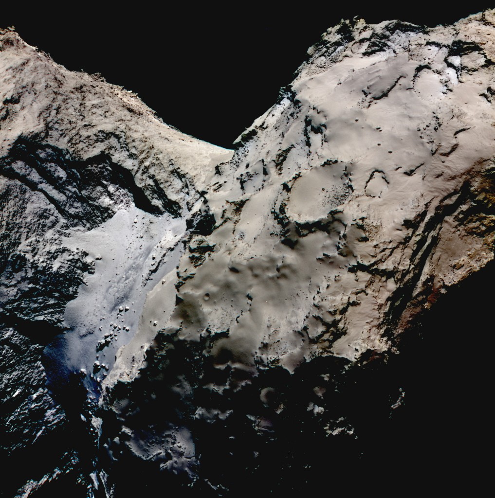  False colour image showing the smooth Hapi region connecting the head and body of comet 67P/Churyumov-Gerasimenko. Differences in reflectivity have been enhanced in this image to emphasise the blueish color of the Hapi region. The scientific data was acquired on 21 August 2014 by the scientific imaging system OSIRIS with the filters centred at 989, 700 and 480 nanometres. During these observations Rosetta was 70 km far away from the comet, and the corresponding spatial resolution 1.3m/pixels. Credits: ESA/Rosetta/MPS for OSIRIS Team MPS/UPD/LAM/IAA/SSO/INTA/UPM/DASP/IDA