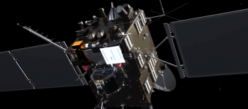 Rosetta's star trackers are marked here in red (above Philae in this pre-seperation artist impression). Part of the high gain antenna can be  seen in the background.  Image credit: ESA/ATG medialab.