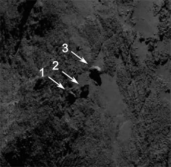 Image of the boulders taken by OSIRIS on 16 September 2014 from a distance of 29 km. The image scale at this distance is 54 cm/pixel and the image measures about 316 m across. Boulder 3 measures approximately 30 m across. Credits: ESA/Rosetta/MPS for OSIRIS Team MPS/UPD/LAM/IAA/SSO/INTA/UPM/DASP/IDA 