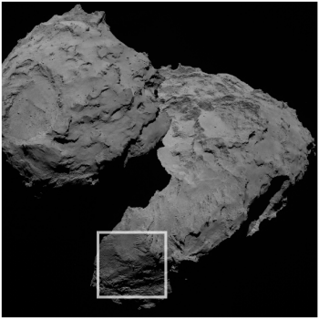 The three curious boulders are found in the Aker region of Comet 67P/C-G, on the comet’s large lobe (in the centre of the region outlined). Credits: ESA/Rosetta/MPS for OSIRIS Team MPS/UPD/LAM/IAA/SSO/INTA/UPM/DASP/IDA