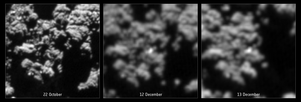 ‘Before’ and ‘after’ comparison images of a promising candidate located near the CONSERT ellipse as seen in images from the OSIRIS Narrow-Angle Camera. Each box covers roughly 20 x 20 m on Comet 67P/C-G.  The left-hand image shows the region as seen on 22 October (before the landing of Philae) from a distance of about 10 km from the centre of Comet 67P/C-G, while the centre and right-hand images shows the same region on 12 and 13 December from 20 km (after landing). The candidate is only seen in the two later images. The illumination conditions are broadly similar in the three images and the same topography can be recognised in each case. The difference in distance at which the images were taken yields a difference in resolution and thus the December images have been resampled and interpolated to match the scale of the October image. As a result, the candidate covers more pixels calculated for a Philae-sized object seen by the OSIRIS narrow-angle camera from a distance of 18 km to the surface. Credits: ESA/Rosetta/MPS for OSIRIS Team MPS/UPD/LAM/IAA/SSO/INTA/UPM/DASP/IDA 