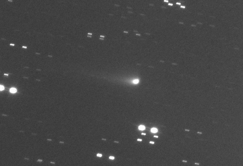 Recent image from the 2 m Liverpool Telescope, taken on the morning of 19 July 2015. It comprises 10 x 20s r-band images. The length of the tail visible in the image in the twilight sky is approximately 120,000 km. Credit: Colin Snodgrass / Geraint Jones / Liverpool Telecope 