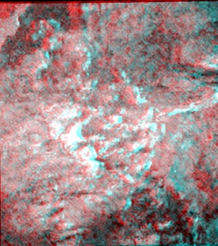 Anaglyph view created from the stereo pair of images acquired by CIVA cameras 6  and 7 at the final landing site Abydos on 13 November 2014. The topography occupying the foreground and left hand portion of the image is estimated to be 0.8–1.2 m from the lander’s body. To the top right, the topography is likely 1.2–2 m away. In the background, towards the top left, one unit may be at least 4.5 m away, and perhaps up to 7 m away. Credits: ESA/Rosetta/Philae/CIVA 