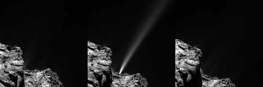 A short-lived outburst from Comet 67P/Churyumov–Gerasimenko was captured by Rosetta’s OSIRIS narrow-angle camera on 29 July 2015. The image at left was taken at 13:06 GMT and does not show any visible signs of the jet. It is very strong in the middle image captured at 13:24 GMT. Residual traces of activity are only very faintly visible in the final image taken at 13:42 GMT. Credits: ESA/Rosetta/MPS for OSIRIS Team MPS/UPD/LAM/IAA/SSO/INTA/UPM/DASP/IDA