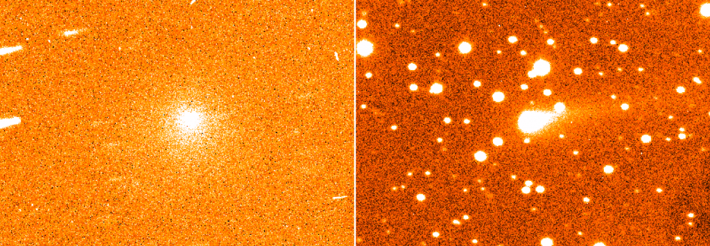CN emission (left) and dust emission (right) of Comet 67P/C-G on 22 August 2015 with the TRAPPIST telescope. The image is 4.3' x 8.7', or 340,000 x 700,000 km. Credit: Cyrielle Opitom / Emmanuel Jehin / TRAPPIST. 