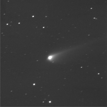 Comet 67P/C-G captured by the 2 m Liverpool Telescope at around 05:30 UT on 8 October 2015. The image is a combination of 9 x 15 second exposures, and shows the tail extending 400,000 km from the comet. On 8 October the comet was was roughly 270 million km from the Earth and 212 million km from the Sun. This image shows the full field of view of the IO:O camera on the Liverpool Telescope, 10.4 arcminutes on a side, or approximately 640,000 km at the distance of the comet. Credit: Colin Snodgrass / Liverpool Telescope 