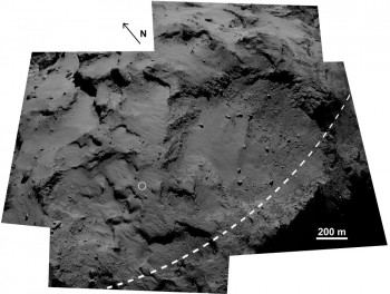 The Agilkia area on comet 67P/Churyumov-Gerasimenko. The circle indicates where Philae touched down for the first time on 12 November 2014. The dashed line marks the comet’s equator. The large depression is the Hatmehit region. This image is a composite of five frames from the OSIRIS Narrow Angle Camera.