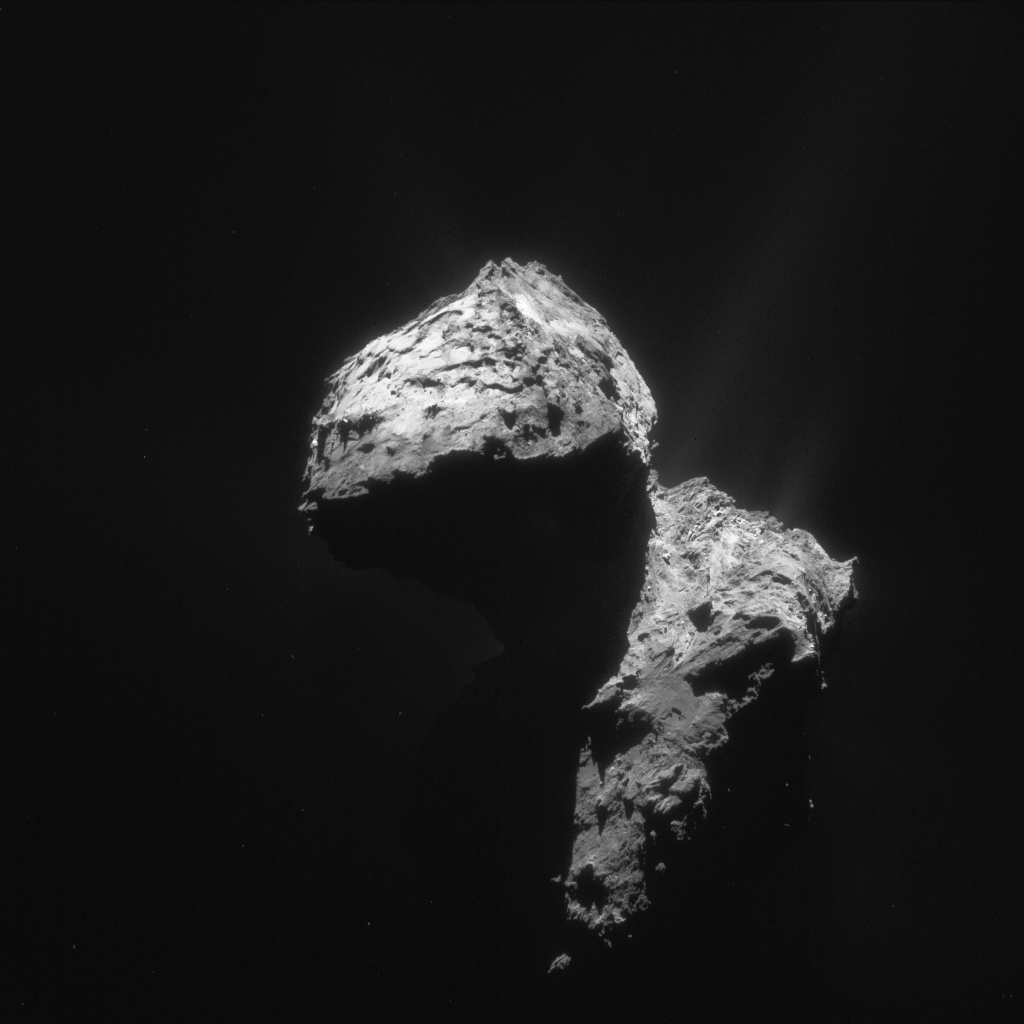 Single frame NAVCAM image taken on 7 January from a distance of 74.1 km. The image scale is 6.3 m/pixel and the image measures 6.5 km across. Credit: ESA/Rosetta/NavCam – CC BY-SA IGO 3.0