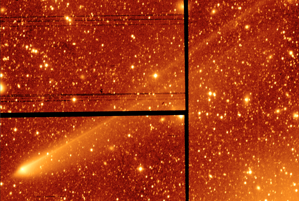 Image of 67P/C-G obtained with the 2.5m Isaac Newton Telescope on La Palma on the morning of 19 January 2016. The picture was taken through a red filter; the apparent colour has been added to help pick out faint structures by eye. The tail extends 0.5 degrees from the nucleus (the apparent size of the full moon) before reaching the edge of the image, corresponding to a minimum length of 2.2 million km. Note that the black lines are gaps between CCDs in the array (the camera has 4 CCDs to cover half a degree).Credit: Alan Fitzsimmons / Isaac Newton Telescope