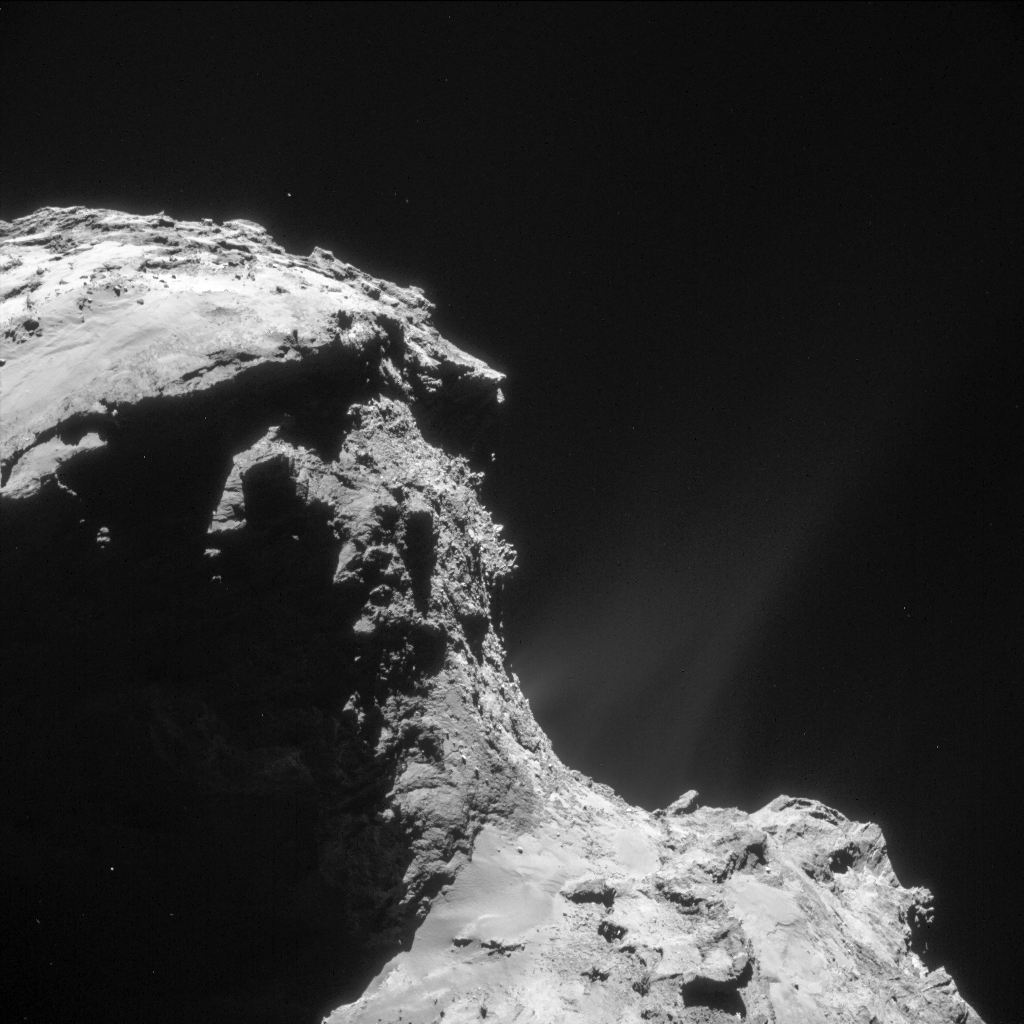 Enhanced NAVCAM image of Comet 67P/C-G taken on 22 February 2016, 32.5 km from the nucleus. The scale is 2.8 m/pixel and the image measures 2.8 km across. Credits: ESA/Rosetta/NAVCAM – CC BY-SA IGO 3.0