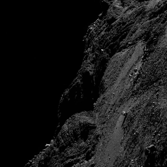 OSIRIS narrow-angle camera image taken on 11 May 2016, when Rosetta was 9.97 km from Comet 67P/Churyumov–Gerasimenko. The scale is 0.16 m/pixel. Credits: ESA/Rosetta/MPS for OSIRIS Team MPS/UPD/LAM/IAA/SSO/INTA/UPM/DASP/IDA