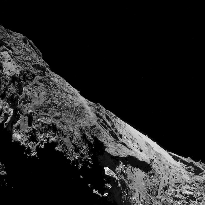 OSIRIS narrow-angle camera image taken on 17 May 2016, when Rosetta was 9.4 km from Comet 67P/Churyumov–Gerasimenko. The scale is 0.89 m/pixel. Credit: ESA/Rosetta/MPS for OSIRIS Team MPS/UPD/LAM/IAA/SSO/INTA/UPM/DASP/IDA