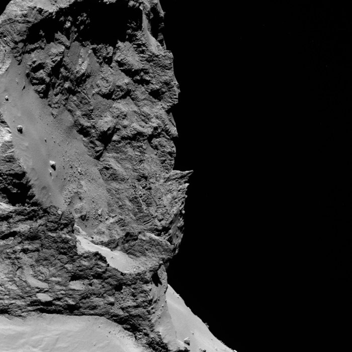 OSIRIS narrow-angle camera image taken on 8 June 2016, when Rosetta was 29.7 km from the centre of Comet 67P/Churyumov–Gerasimenko. The scale is 0.53 m/pixel and the image measures about 1.1 km across. Credits: ESA/Rosetta/MPS for OSIRIS Team MPS/UPD/LAM/IAA/SSO/INTA/UPM/DASP/IDA