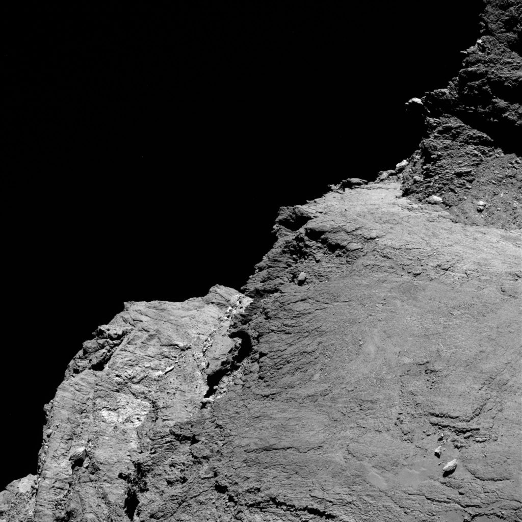 OSIRIS narrow-angle camera image taken on 7 June 2016, when Rosetta was 28.8 km from the centre of Comet 67P/Churyumov–Gerasimenko. The scale is 0.51 m/pixel. Credits: ESA/Rosetta/MPS for OSIRIS Team MPS/UPD/LAM/IAA/SSO/INTA/UPM/DASP/IDA