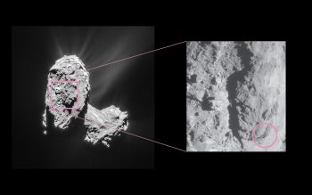 The source of the 19 February 2016 outburst was traced back to a location in the Atum region, on the comet’s large lobe. The inset image was taken a few hours after the outburst by Rosetta’s NavCam and shows the approximate source location. The image at left was taken on 21 March 2015 and is shown for context, and so there are some differences in shadowing/illumination as a result of the images being acquired at very different times. Credits: ESA/Rosetta/NavCam – CC BY-SA IGO 3.0 