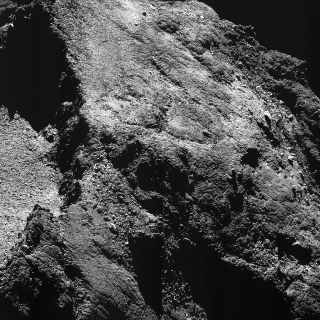 Comet 67P/Churyumov-Geraimsenko on 6 August 2016, taken by Rosetta's NAVCAM from a distance of 8.5 km. captured on 6 August 2016 from 8.5 km. The scale is 0.7 m/pixel and the image measures about 700 m across. Credits: ESA/Rosetta/NavCam – CC BY-SA IGO 3.0