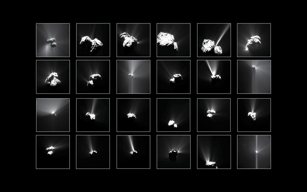 Compilation of the brightest outbursts seen at Comet 67P/Churyumov–Gerasimenko by Rosetta’s OSIRIS narrow-angle camera and Navigation Camera between July and September 2015. Credits: OSIRIS: ESA/Rosetta/MPS for OSIRIS Team MPS/UPD/LAM/IAA/SSO/INTA/UPM/DASP/IDA; NavCam: ESA/Rosetta/NavCam – CC BY-SA IGO 3.0