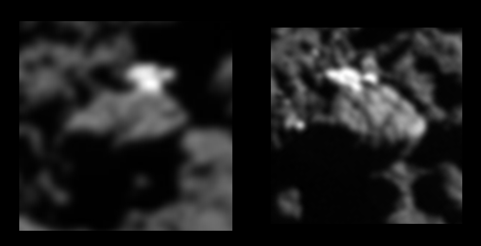 The blue candidate is discarded thanks to an image taken on 21 July 2016 that shows it to be ice. Credits: Images: ESA/Rosetta/MPS for OSIRIS Team MPS/UPD/LAM/IAA/SSO/INTA/UPM/DASP/IDA; Lander search analysis: L. O’Rourke