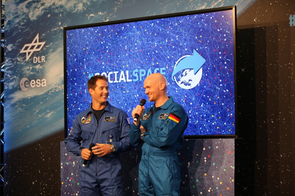 Thomas Pesquet and Alexander Gerst share a joke on stage at SocialSpace Credit: DLR/ESA/A. Morellon (CC-BY 3.0)
