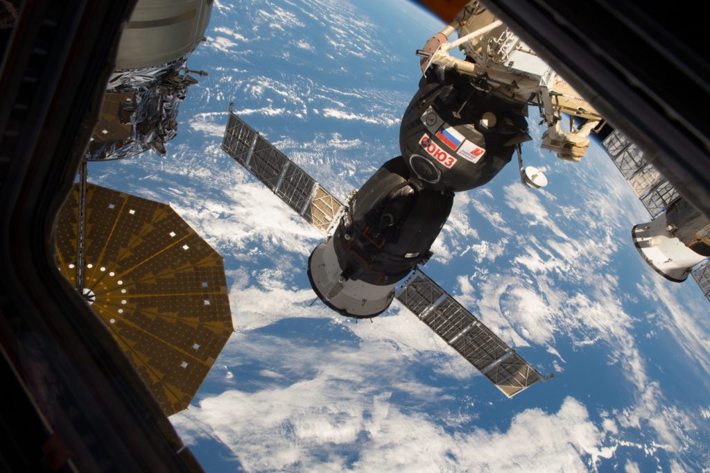 Soyuz-M03 docked to the Space Station seen by Thomas Pesquet. Credits: ESA/NASA
