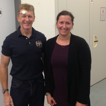 ESA astronaut Tim Peake after giving a blood sample in Cologne, Germany, seen together with Dr Anna-Maria Liphardt, at the Institut für Biomechanik und Orthopädie, Deutsche Sporthochschule Köln.