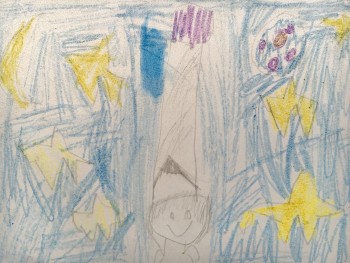 Tim Peake on his spacewalk (attached by a rope). Earth with purple islands. By Ana Keser Scott aged 5