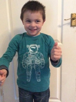 Hi everyone at the European space agency my little boy wants Tim Peake to see his new top he is so so excited as he said that he will go up to space can you send this photo up to Tim please my sons name is Nathan stimson
