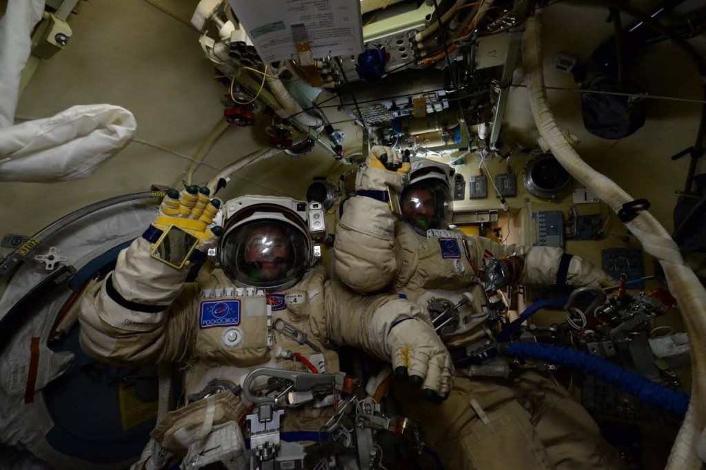 Yuri Malenchenko and Sergei Volkov before spacewalk. Credits: NASA