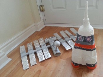 Space week project, Iss and Tim's Soyuz rocket, Made by Alfie aged 5. Complete with Major Tim and Major Alfie looking out the window. Alfie adores following Tim's posts on facebook and has found a real love for space. He would be overjoyed to recieve a reply from ESA or Tim Peake!