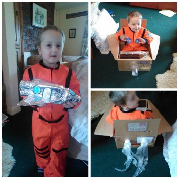 My little astronaut just wants to show you his spaceship made from a washing up liquid bottle, some cardboard and some tinfoil! He's 5 and loves to watch Tims video clips from space and all your updates.... ......and today he's being Tim Peake in a cardboard spaceship....... You helped create a monster!