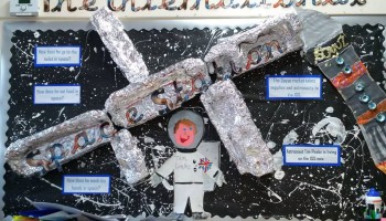 My daughter's Reception class watched Tim's broadcast and created this display. My daughter is a HUGE fan of Tim and everything relating to space and built a rocket costume for herself a few weeks ago. Her name is Meg Callaghan and her school is Hornsby House School in London. It would be a real thrill for her (and for me and my husband :)) if you'd pass this photo on to Tim. Thank you so much!