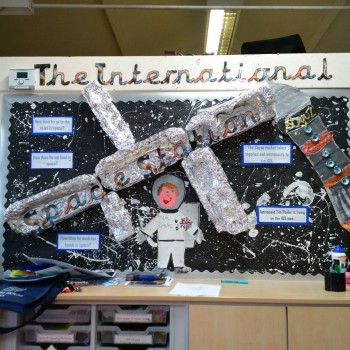 My daughter's Reception class watched Tim's broadcast and created this display. My daughter is a HUGE fan of Tim and everything relating to space and built a rocket costume for herself a few weeks ago. Her name is Meg Callaghan and her school is Hornsby House School in London. It would be a real thrill for her (and for me and my husband :)) if you'd pass this photo on to Tim. Thank you so much!
