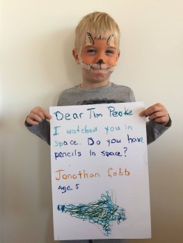 My son Jonathan is learning to write and wanted to send a letter to Tim Peake so I helped him and here is a picture of him with the letter. Jonathan is 5 years old and loves everything to do with rockets and space and we all really enjoy Tim's regular updates. Thanks, Leanne