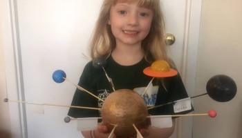 Hello Tim, my name is Isobel and I'm eight. For my school competition project, I've made a model of the planets. I wanted to put the space station on but it would have been too small. Isobel