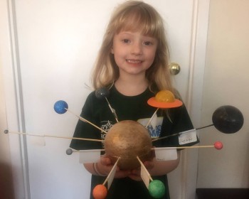 Hello Tim, my name is Isobel and I'm eight. For my school competition project, I've made a model of the planets. I wanted to put the space station on but it would have been too small. Isobel