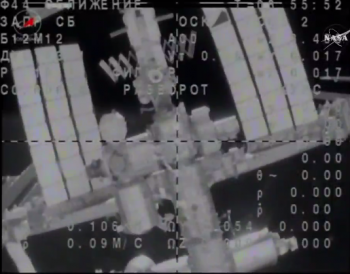 Space Station turns as Soyuz orients itself seen from the Soyuz camera. Credits: NASA