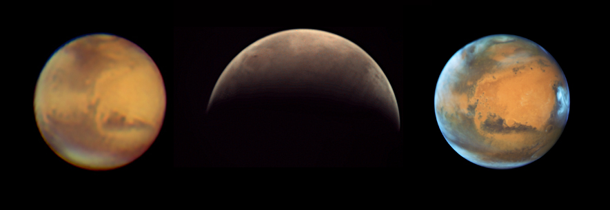 Mars seen in May 2016 in three different views. Full details via https://www.esa.int/marstriptych2016 Credit: D. O'Donnell - ESA/Mars Express/VMC CC BY-SA 3.0 IGO - ESA/NASA/Hubble